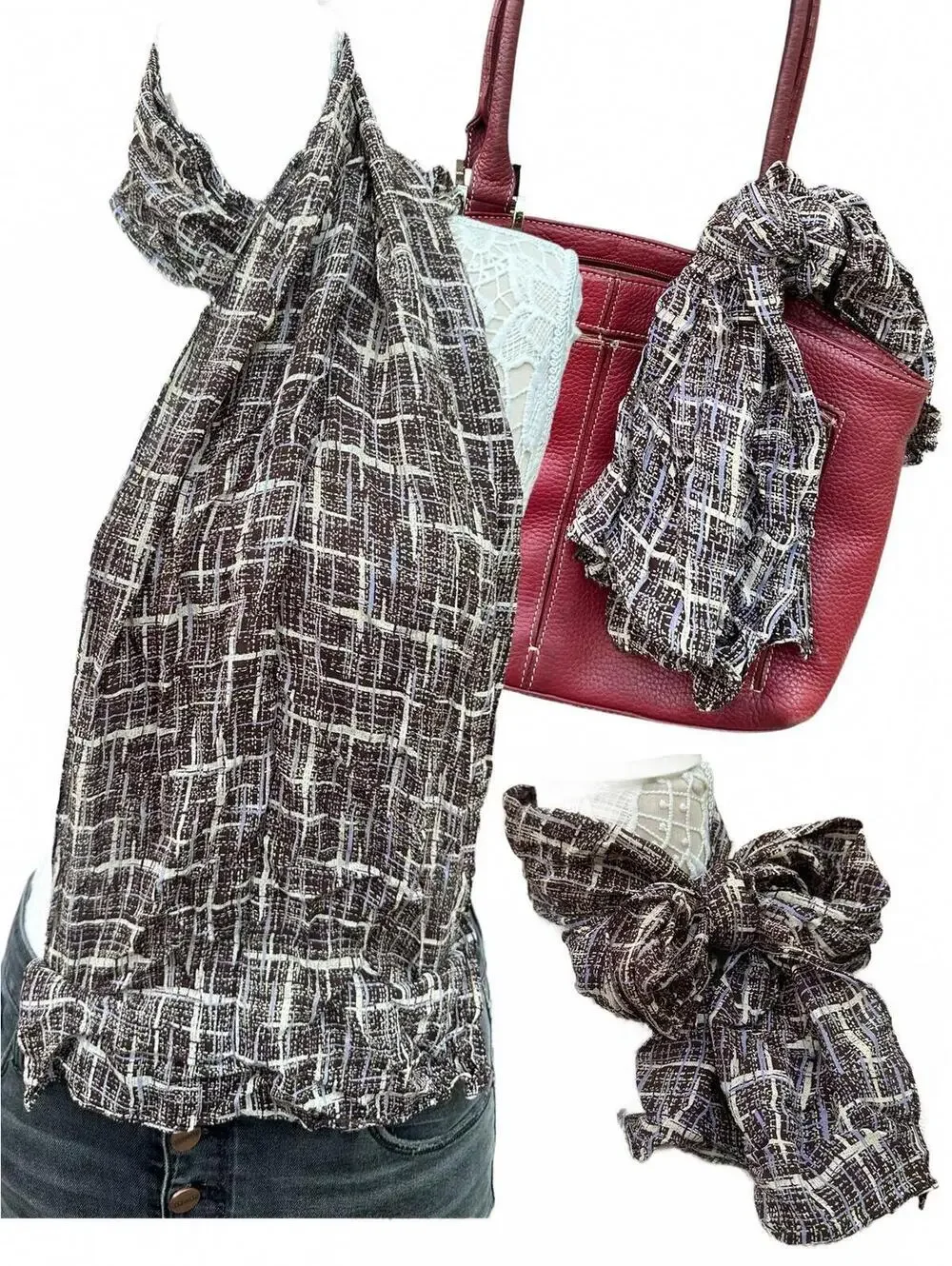Plaid Scarf Brown‎ Purple Lightweight Crinkled Fabric Accessory